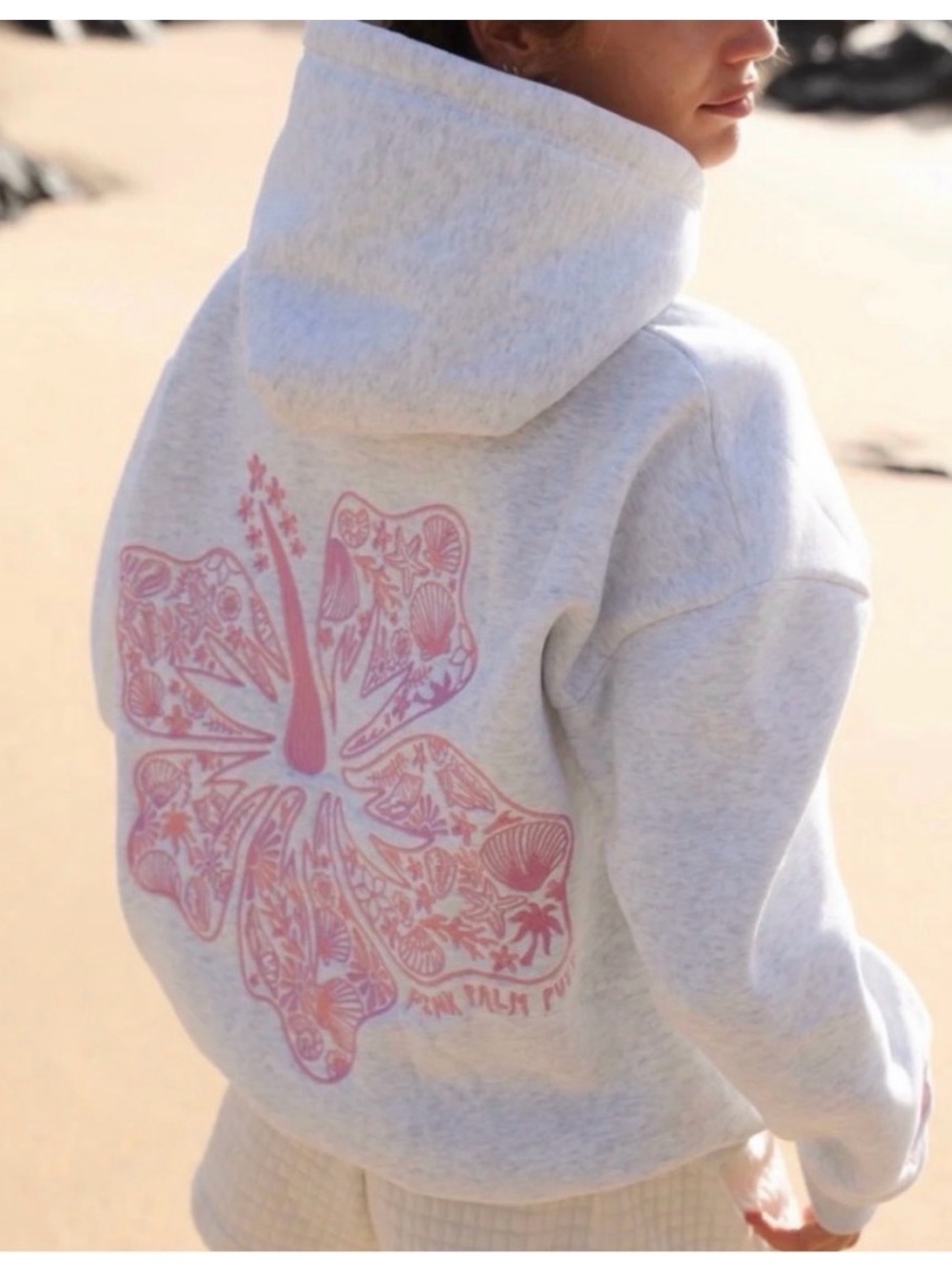 Pink Palm Puff Hawaii Hibiscus Hoodie in Heather Cloud